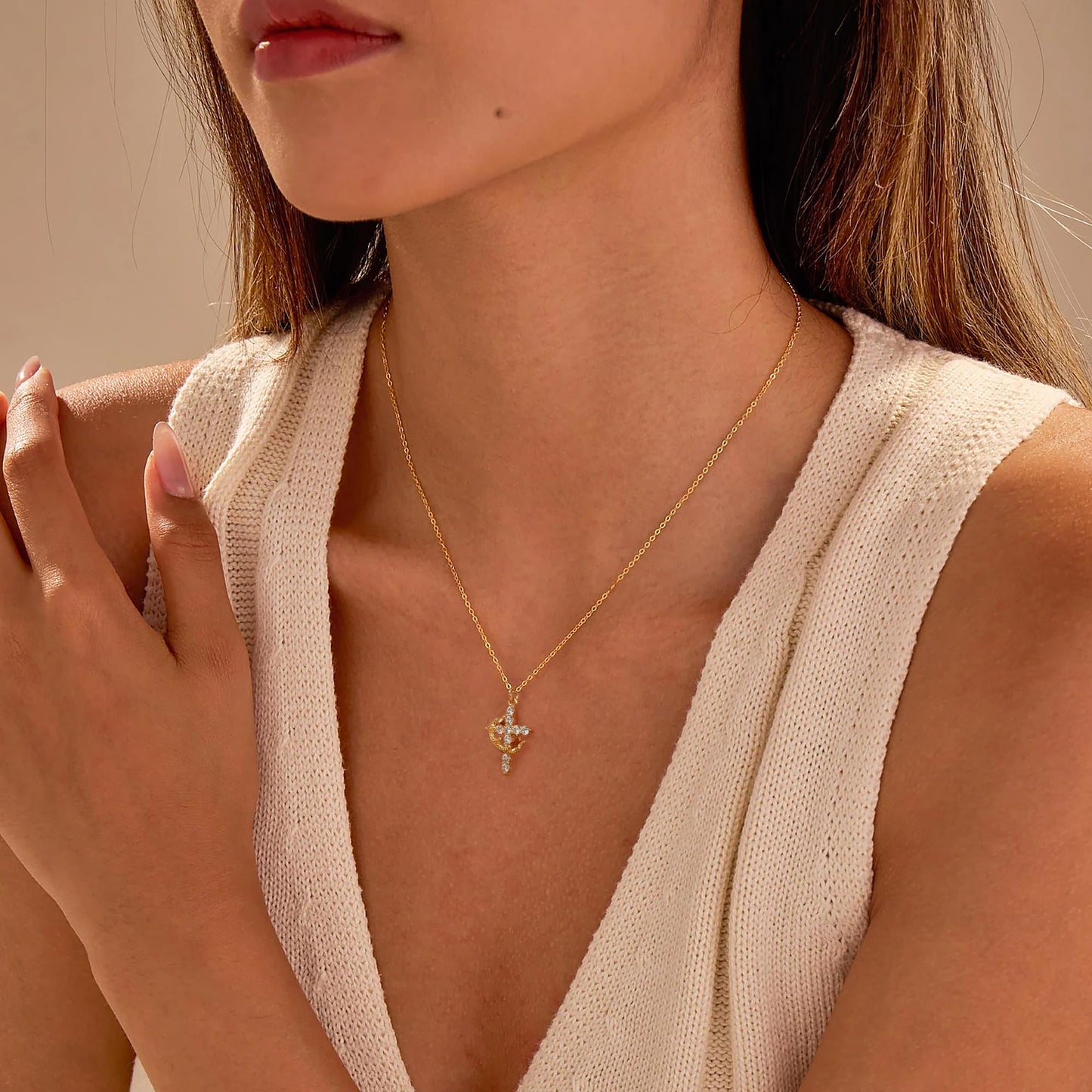 Robaice Birthstone Crown Cross Necklace for Women, Gold-Plated Christian Faith Necklace, Cross Jewelry Gift for Women, February Purple Amethyst Gift