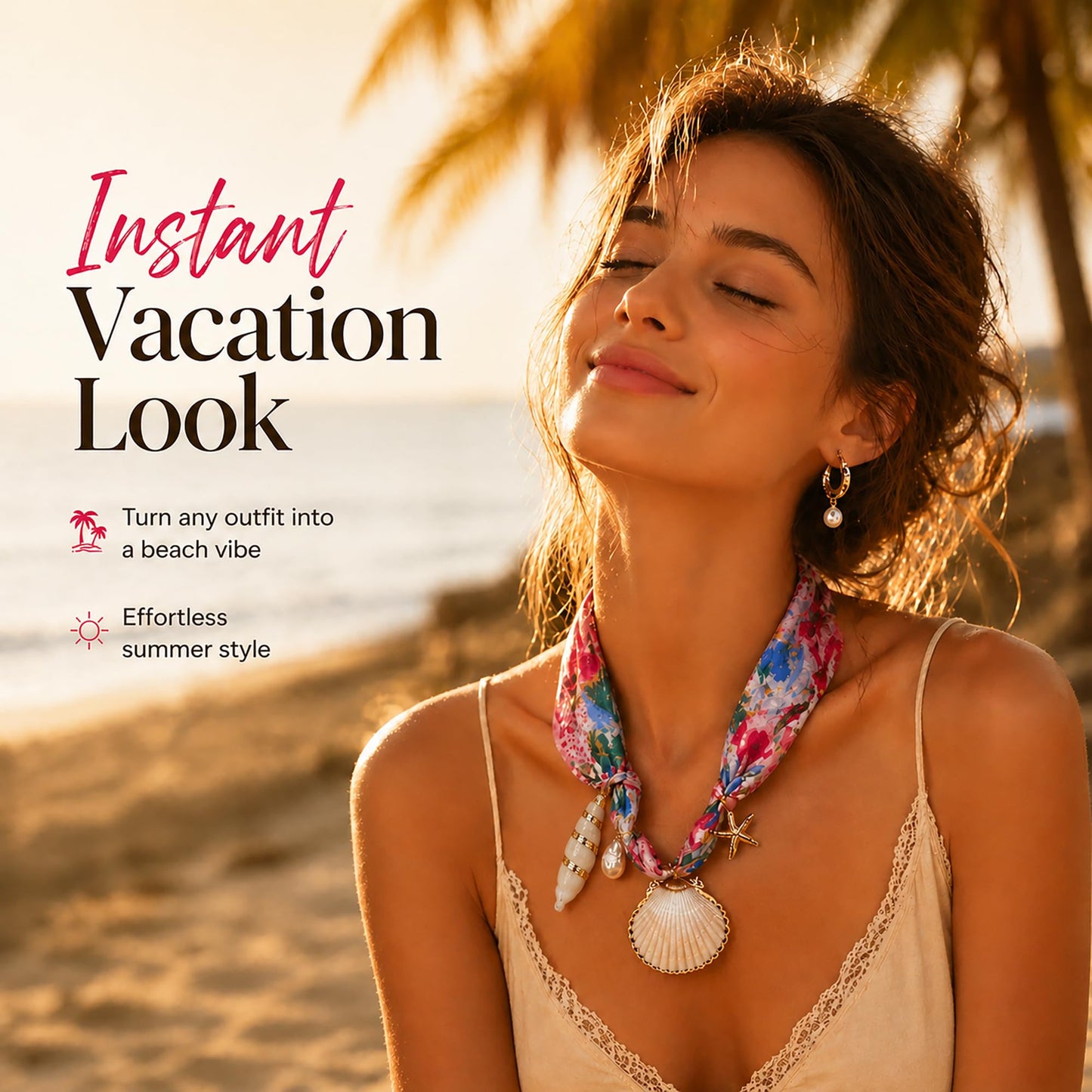 UQRUI Floral Scarf Necklace with Charm for Women, Tropical Shell Pendant Jewelry, Boho Summer Beach Vacation Accessories