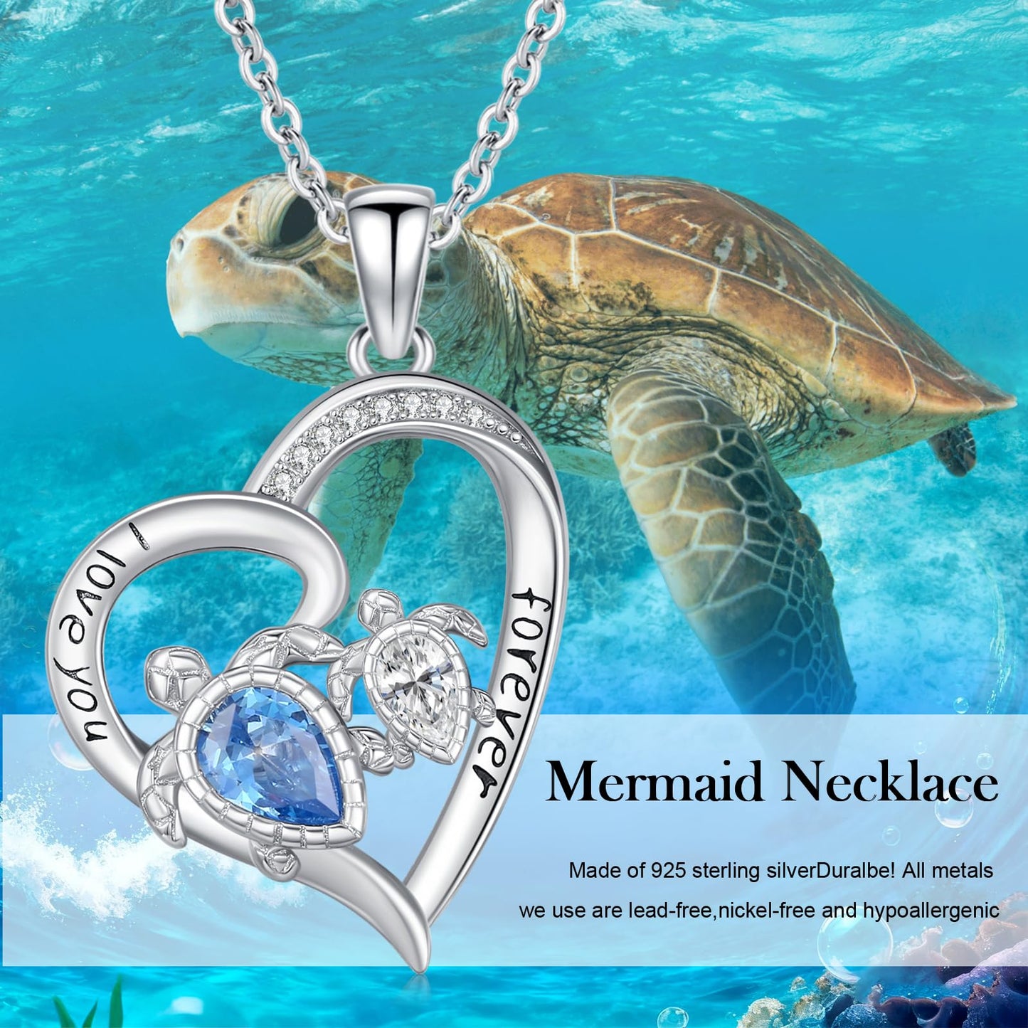 Twoowl Ocean Turtle Necklace 925 Sterling Silver Mother Turtle Pendant Necklaces Beach Jewelry Gifts for Women Girlfriends Mom Birthday
