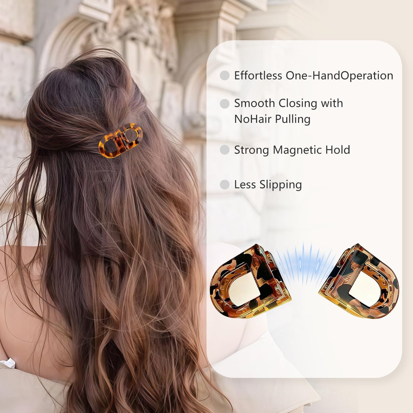 2PCS Magnetic Brown Hair Clips for Women, Brown Leopard Print Strong Hold Non Slip Claw Clips, Seamless 2-in-1 Quick Snap Design, Creaseless Non-Dent Hair Styling Tools Claw Clips for Women