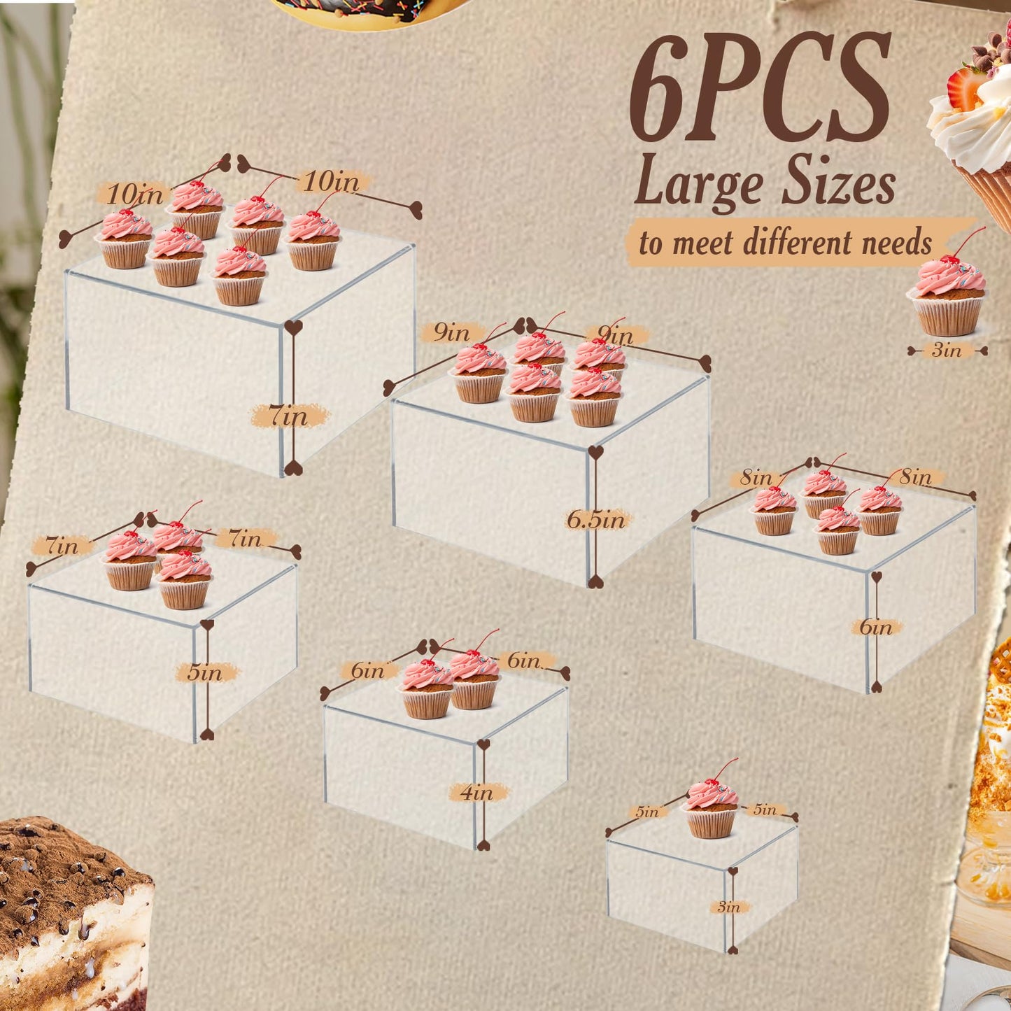 6 PCS Buffet Risers, Large Food Risers for Buffet Table, Food Display Risers for Party, White Acrylic Boxes Dessert Table Display Set, Risers Display Stands (Size 10" 9" 8" 7" 6" 5", Transparent)