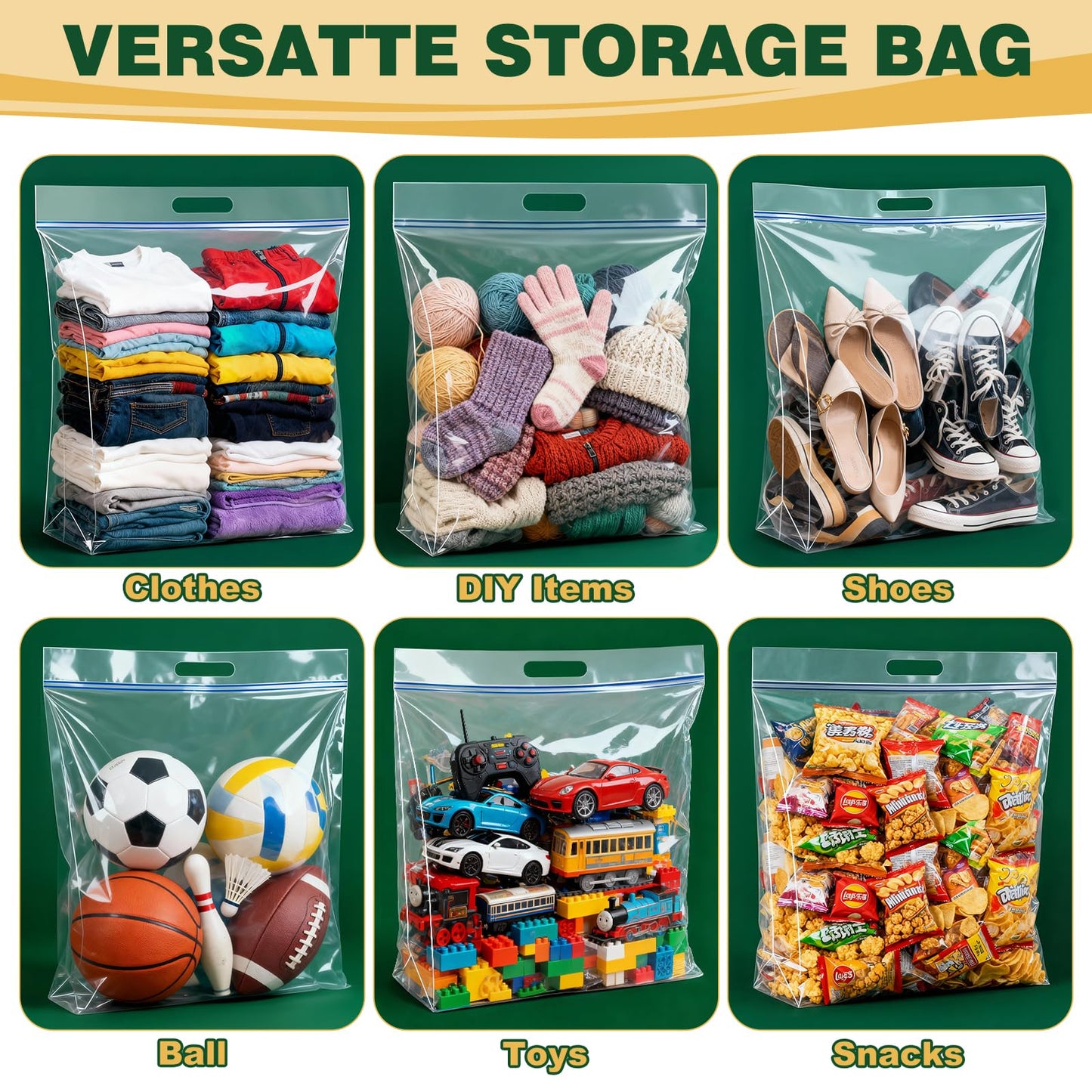 TUXIYA 10 PACK Extra Large Storage Bags, 10 Gallon 24"x20"x7", Resealable Clear Bags with Handle, XL Heavy Duty for Clothes Travel Moving, Double Zipper Seal, Expandable Bottom, Thick 8 Mils