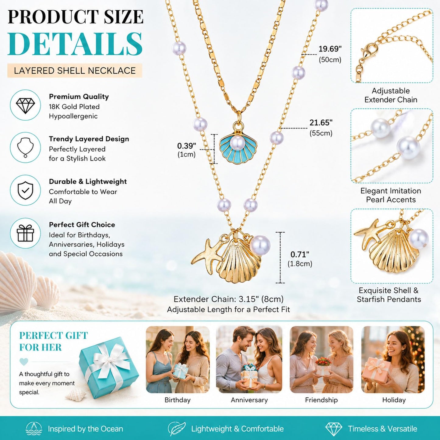 Gold Starfish Shell Necklace for Women Boho Layered Seashell Conch Shell Pearl Pendant Necklaces Set Bohemain Starfish Beach Necklaces Stack Beachy Summer Jewelry Outfits Accessories