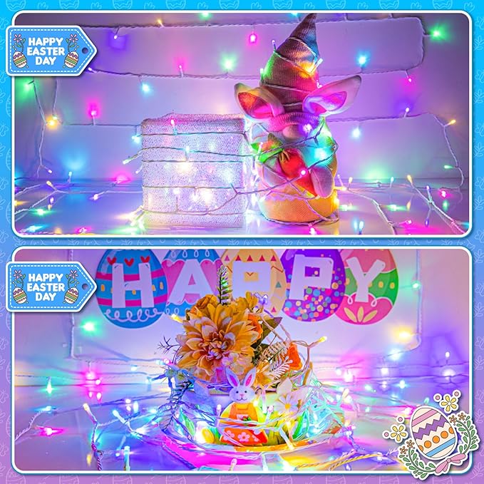 Easter String Lights Battery Operated, Pastel Easter Lights with Timer 16.4ft 50LED White Wire Fairy Lights for Easter Decorations Garland Outdoor Indoor Party