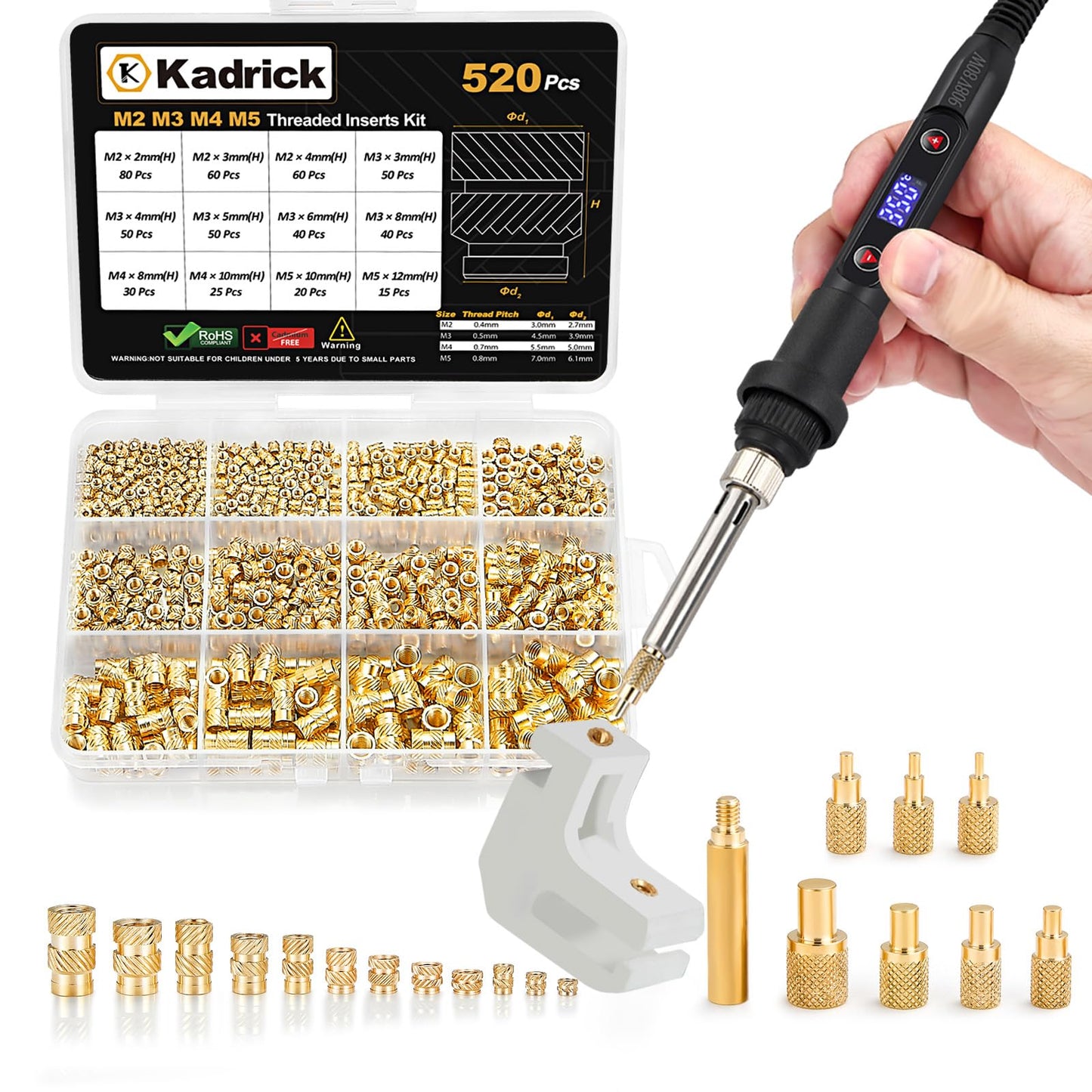 Professional Heat Set Insert Tool Kit: 80W Soldering Iron Heat Insert Tool with 520pcs Brass Inserts & Heat Set Insert Tips (M2-M8) for 3D Printing