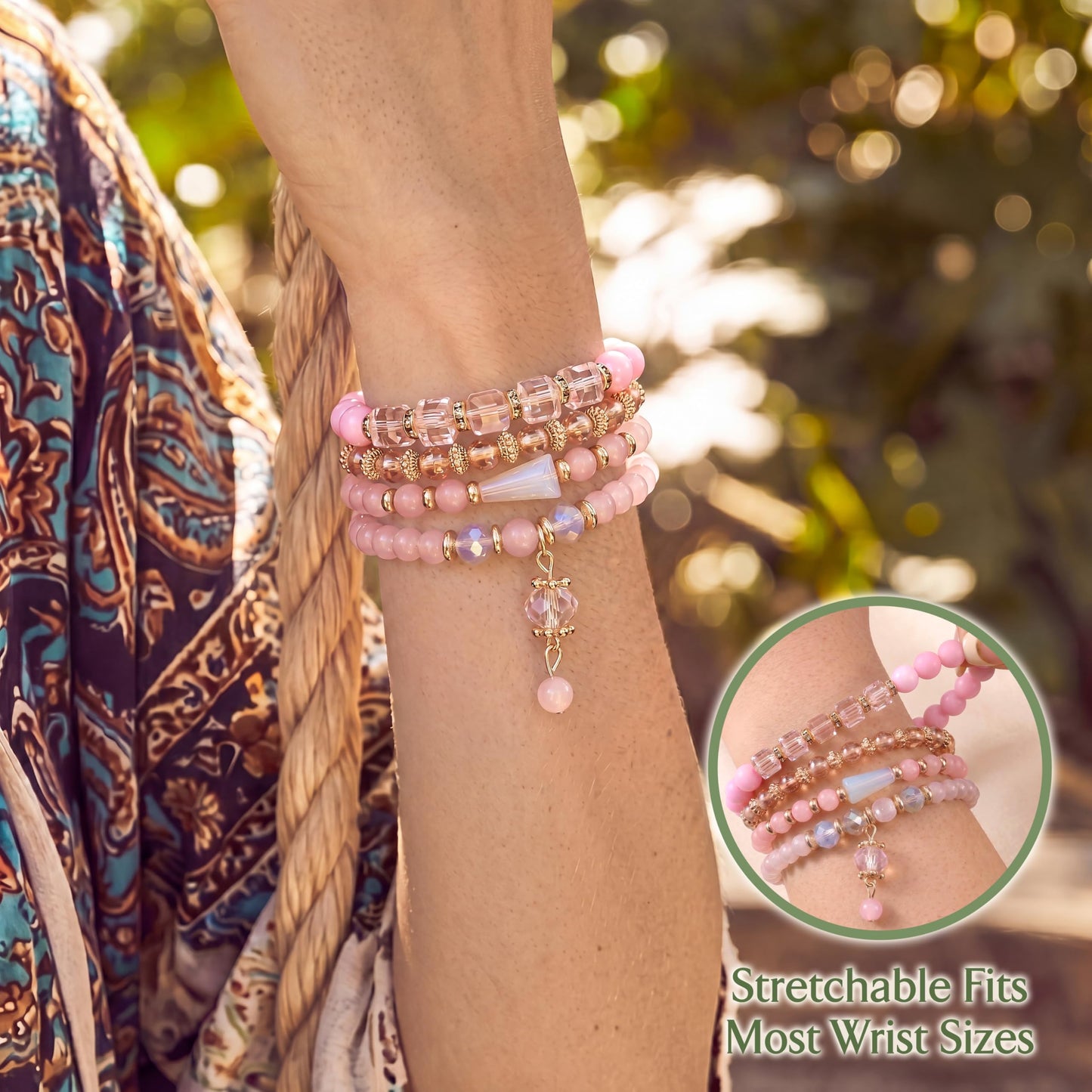 Tungary 4Pcs Beaded Bracelets for Women Bohemian Bracelet Stacks Handmade Natural Stone Stretch Bracelets Multi-Color Daily Wear Accessories Summer Beach Boho Jewelry Gift Pink Style