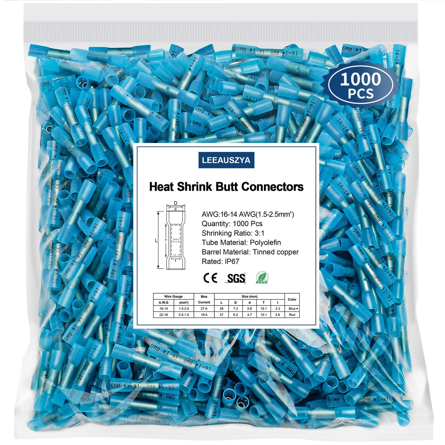 1000 Pcs Heat Shrink Butt Connectors, 16-14 AWG Waterproof Electrical Insulated Crimp Wire Splice for Boats, Automotive, Marine, Home, Garage, Industrial Wiring