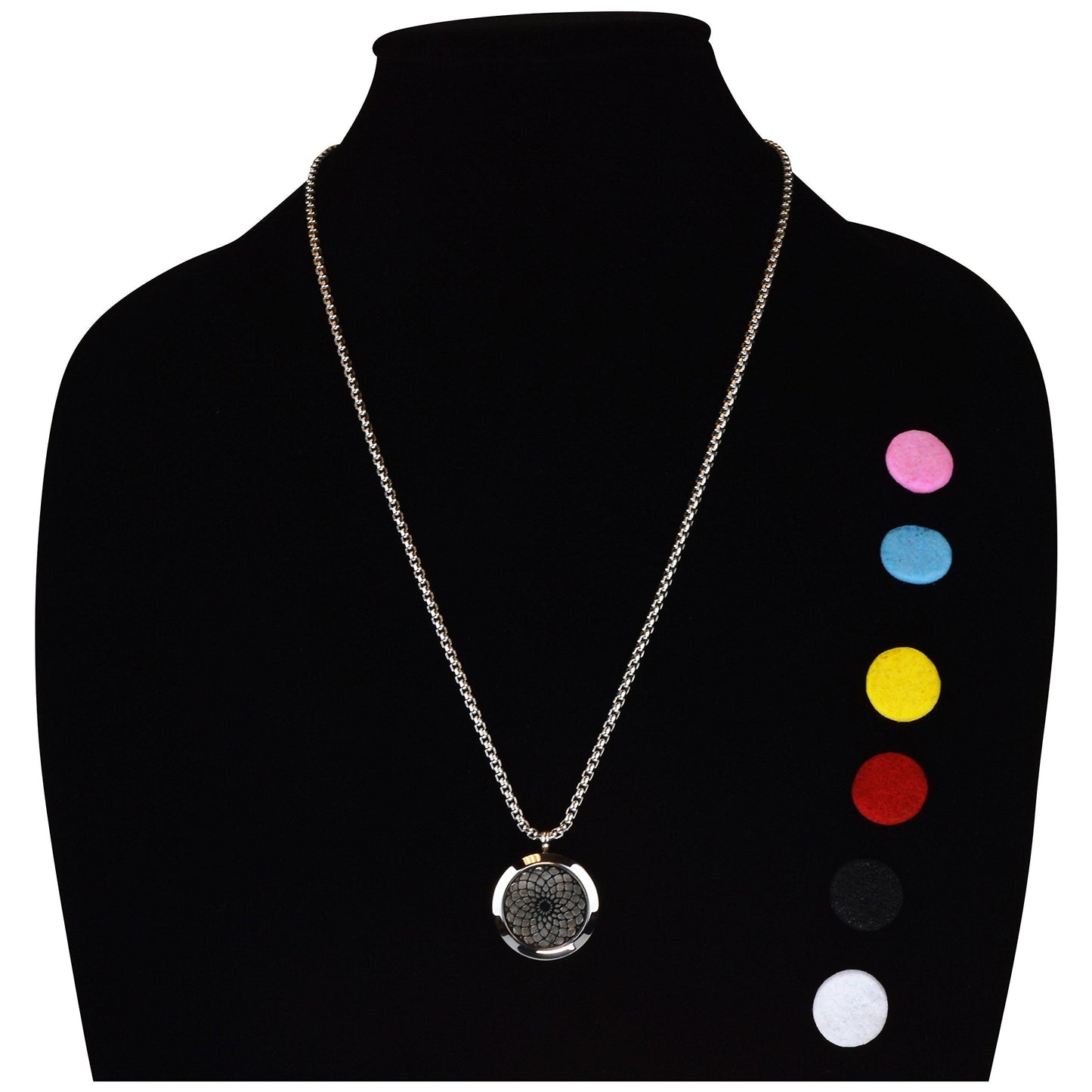 Wild Essentials Sun Mandala Essential Oil Diffuser Necklace, Stainless Steel Locket Pendant with 24 inch Chain, 12 Color Refill Pads, Customizable Color Changing Perfume Jewelry for Aromatherapy