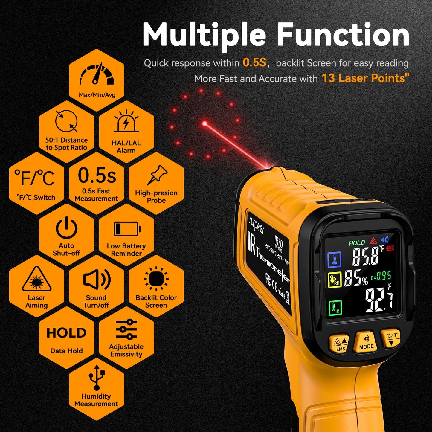 Surpeer 50:1 Infrared Thermometer IR Laser Gun, -58°F to 1796°F, Digital Temperature Gun/K-Type Probe -4°F to 932°F & Humidity Sensor for Cooking, Pizza Oven BBQ HVAC Home-Industrial Use