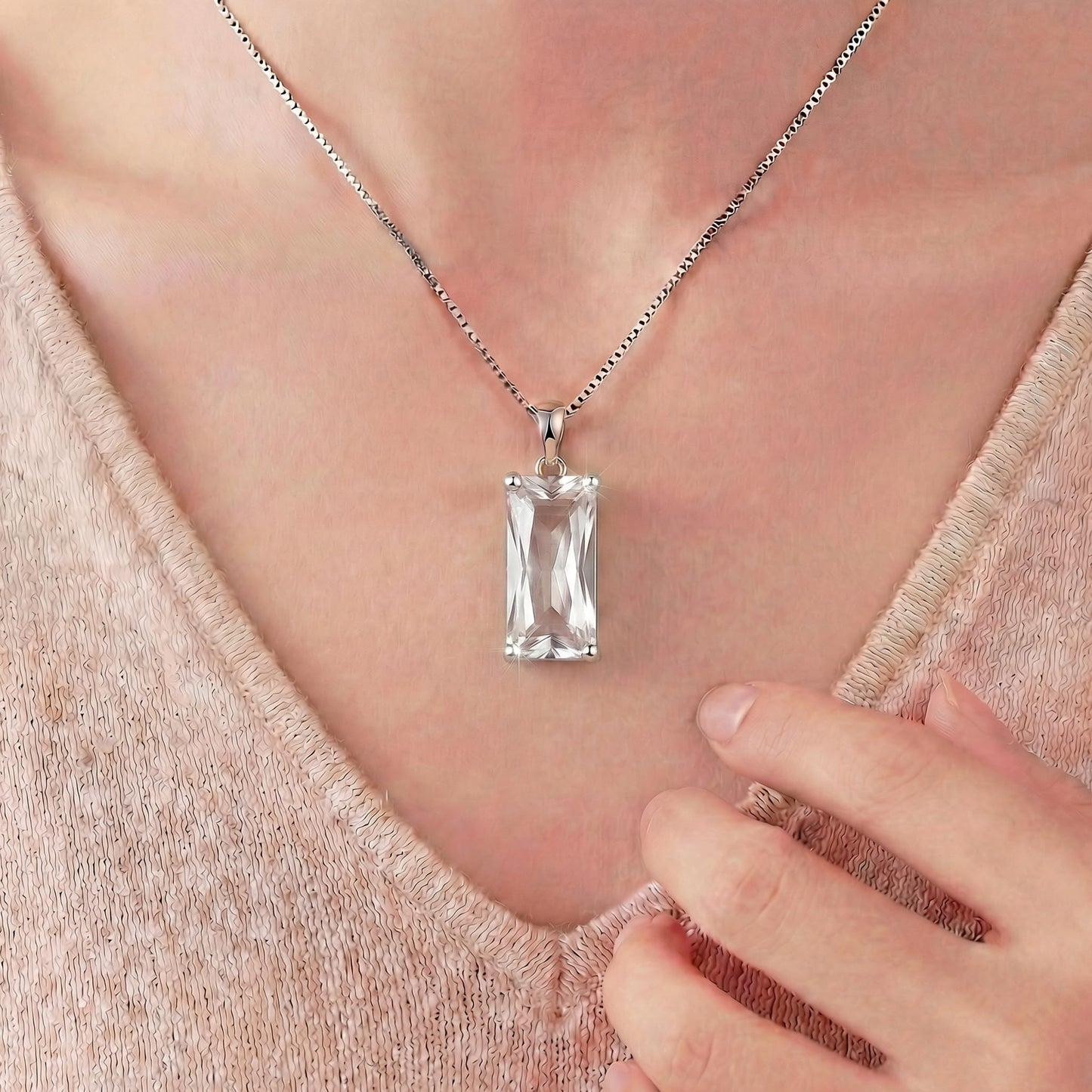 Kuschelkatze 8mm x 16mm Square April Birthstone Diamond Pendant Necklace – Fashion charming Sterling Silver Gift for women