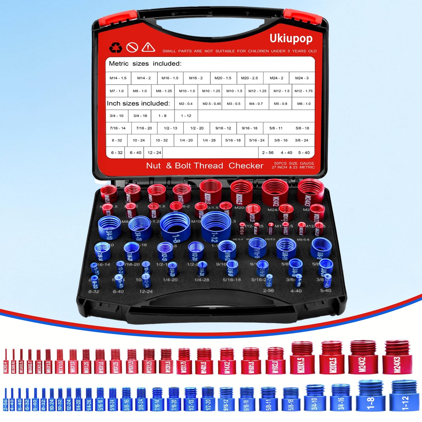 50PCS Thread Checker Kit – SAE & Metric Bolt Thread Checker, Nut & Bolt Size Finder Tool (27 SAE + 23 Metric) – Thread Gauge for Quickly Identifying Screw, Nut, and Bolt Sizes