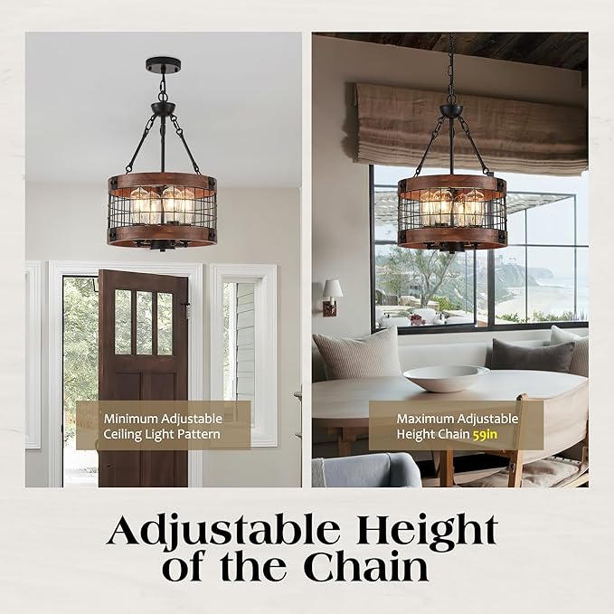 4-Light Farmhouse Drum Wood Pendant Light,14.5'' Vintage Rustic Brown Oak Wood Chandeliers,Retro Industrial Hanging Light Fixtures for Dining Room Entryway, Bedroom
