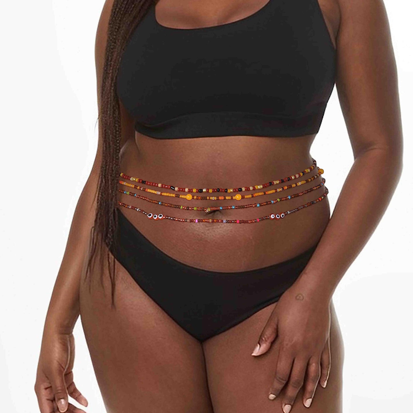 ELABEST 24-39inch African Waist Beads for Women 8Pcs Elastic Belly Beads Colorful Beaded Waist Jewelry Accessories Body Chain (Brown, 39.3inch/100cm)