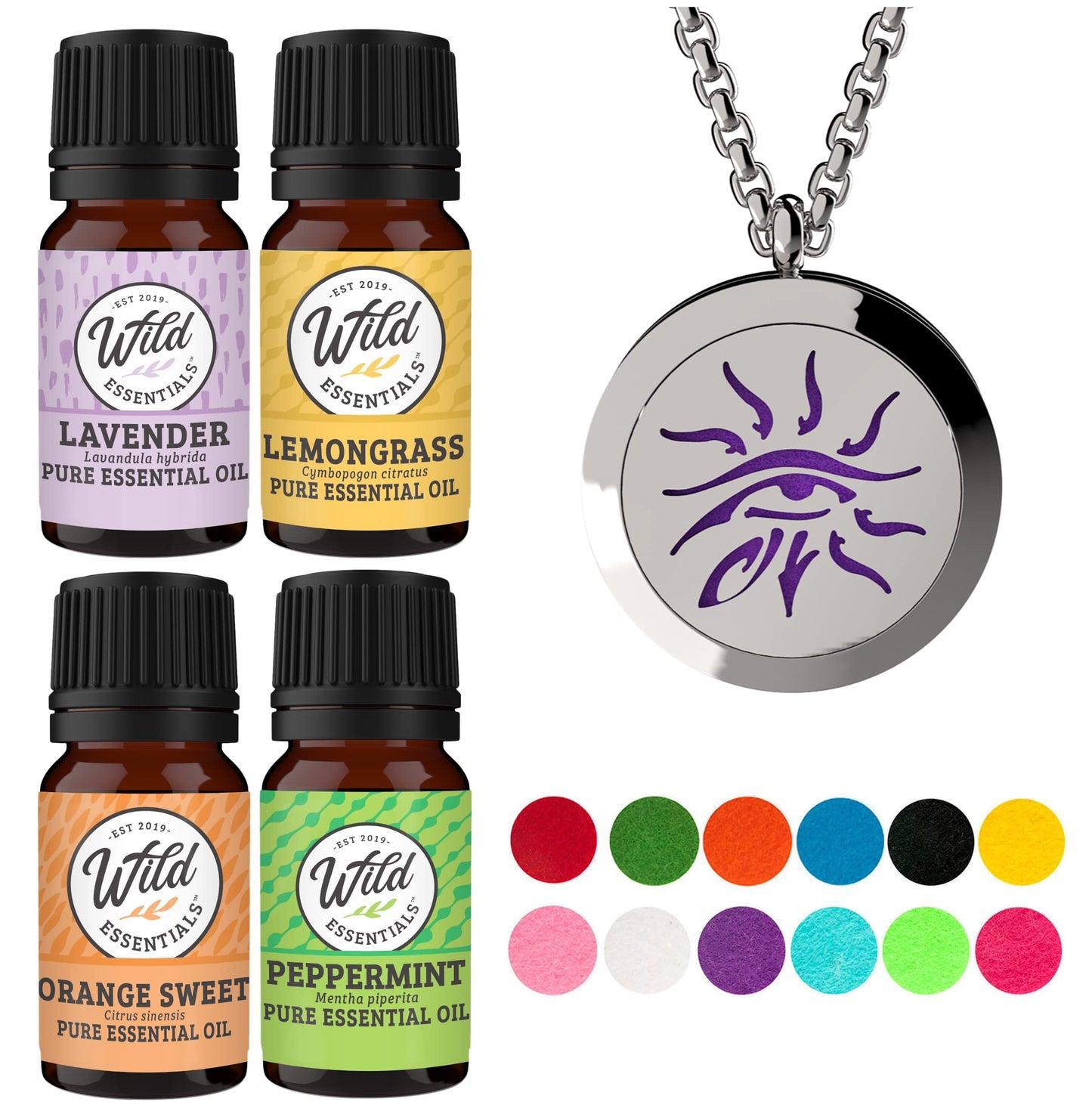 Wild Essentials Wisdom Eye Necklace Essential Oil Diffuser Kit with Lavender, Lemongrass, Peppermint, Orange Oils, 12 Refill Pads, Calming Aromatherapy Gift Set, Customizable Color Changing, Perfume