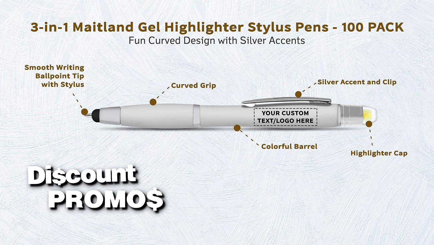 DISCOUNT PROMOS Personalized Smooth Writing Maitland Gel Highlighter Stylus Pens - 100 pack - Highlighters - Customizable Text, Logo - Silver
