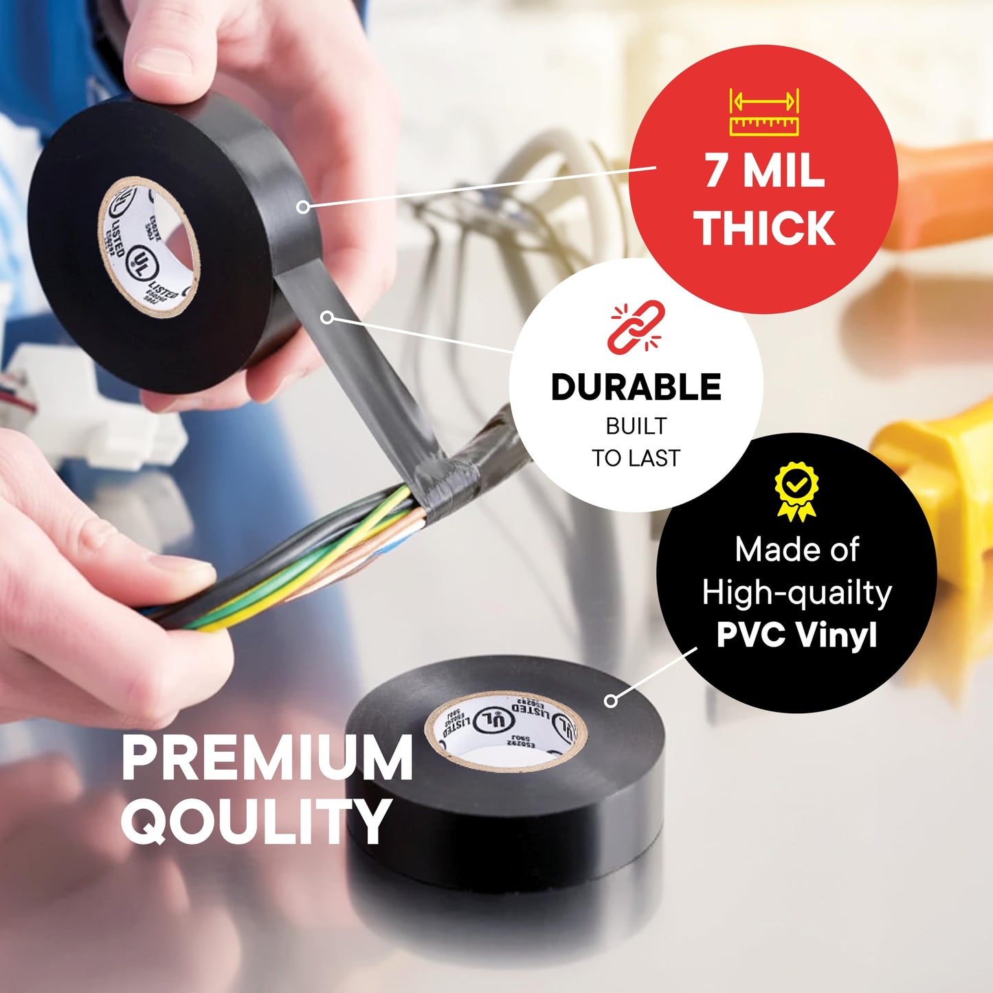 TAPEWELL Black Electric Tape, Professional Grade 3/4 inch x 66ft, PVC Electrical Insulating Tape for All Weather, U/L Approved, Waterproof, Home Improvement Electrical Equipment, Pack of 20