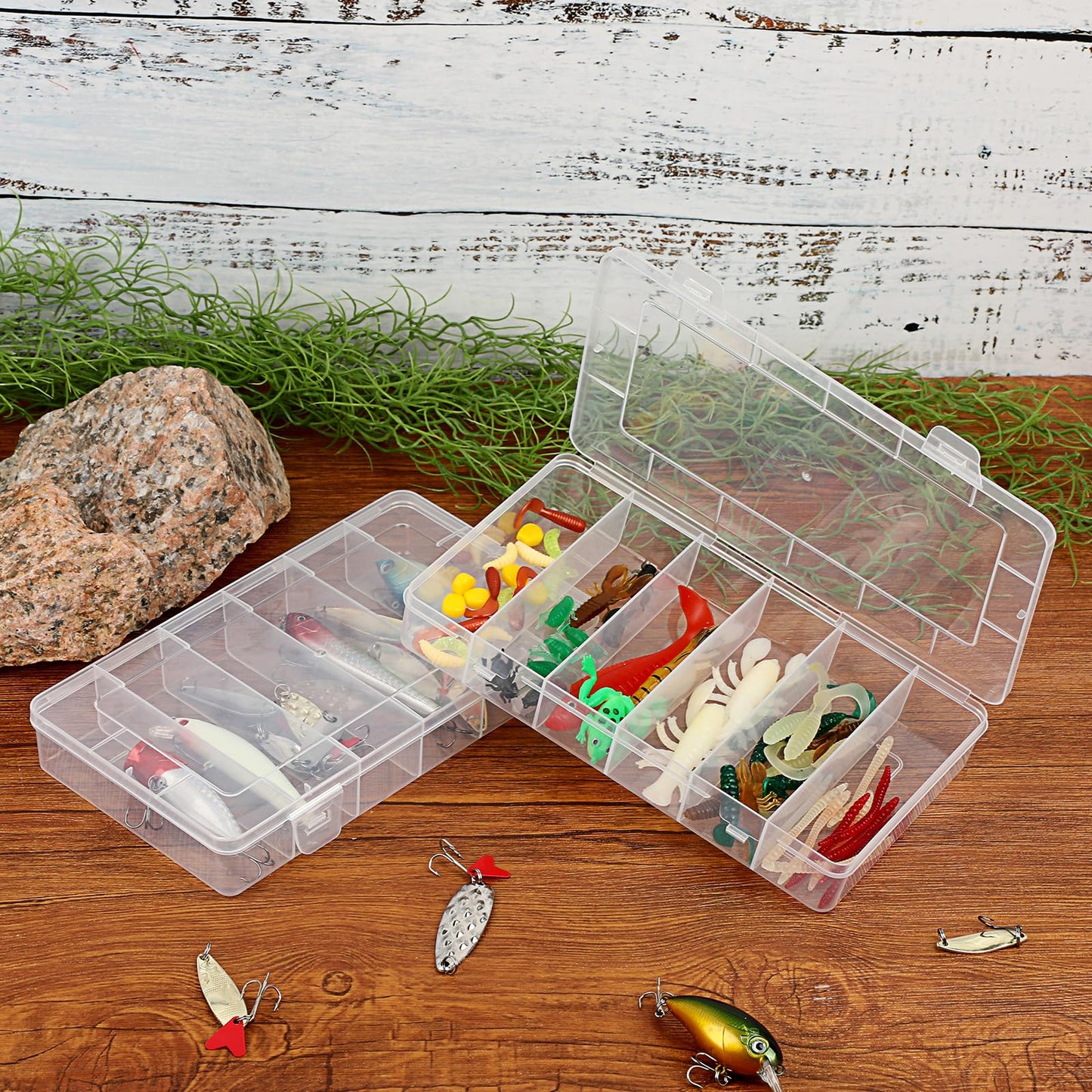 JUXYES 2Pack Plastic Small Fishing Tackle Box Organizer with 6 Compartments, Clear Mini Fishing Tackle Storage Boxes with Dividers, Transparent Fish Pocket Tackle Storage Box Lure Box