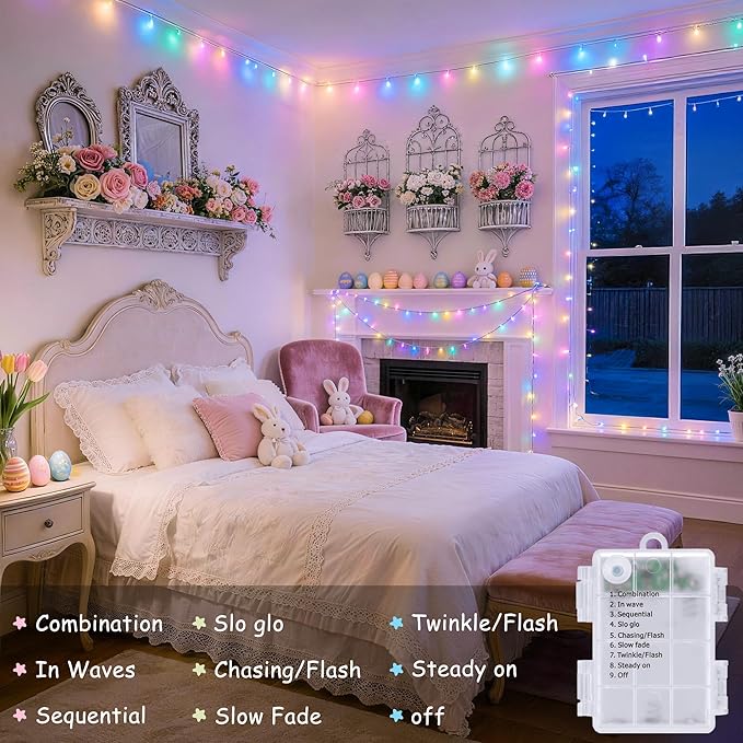 JMEXSUSS 33ft 100 LED Easter Lights Battery Operated, Outdoor Indoor Pastel Lights for Easter, Colorful String Lights for House Porch Yard Garden Tree Decor