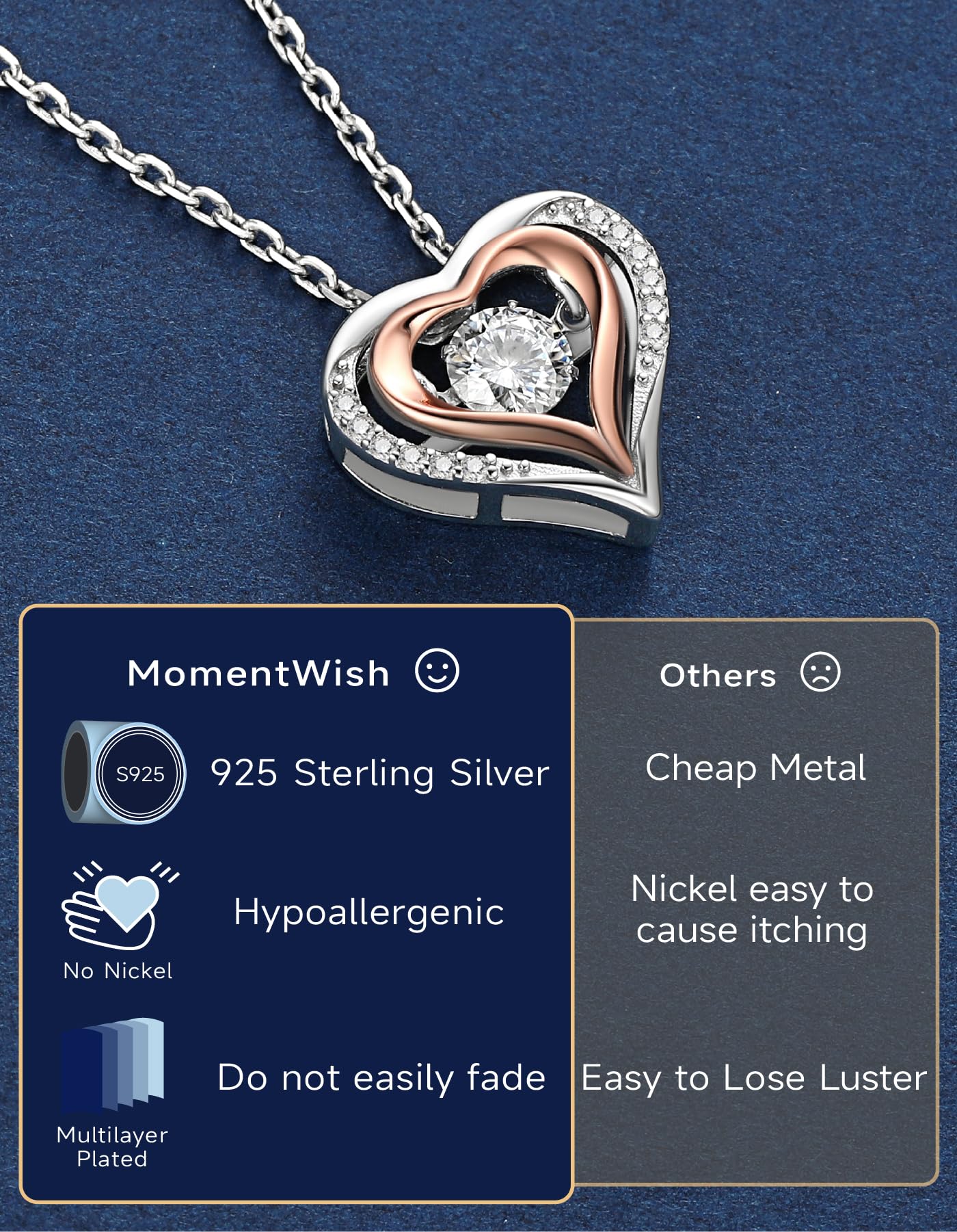 MomentWish Dancing Diamond Heart Necklace for Women 0.5 Carat D Color VVS1 Moissanite Lab Created Diamond Necklace Sterling Silver Jewelry Happy Anniversary