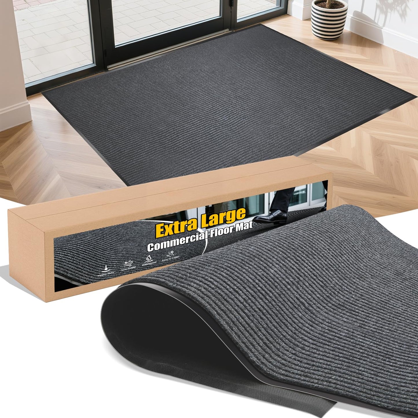 Extra Large Indoor/Outdoor Entrance Mat - 4 x 15 Feet, Rubber Border Door Mat Heavy Duty, Waterproof, Low-Profile, Easy to Clean, Rubber Entry Mat,Commercial Floor Mat, Charcoal Grey