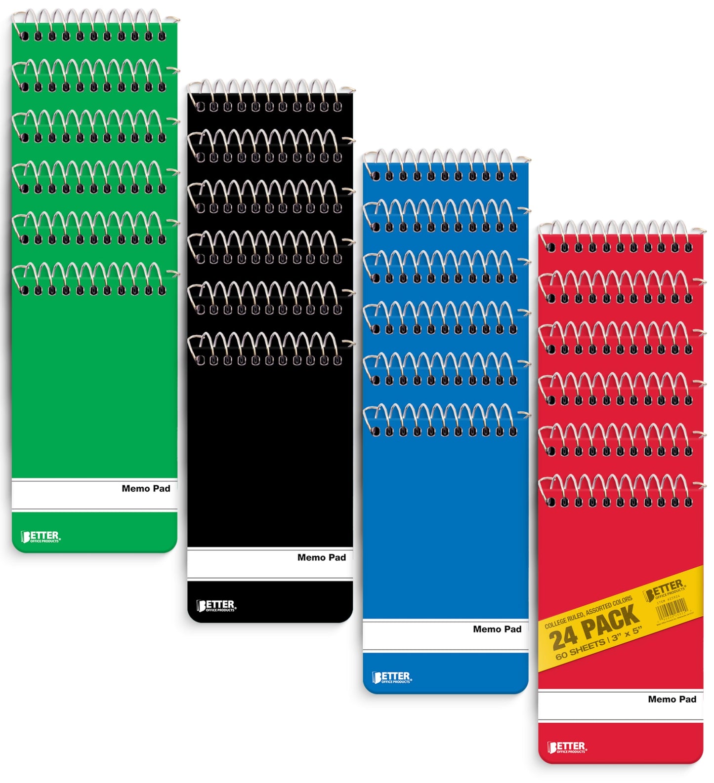 Spiral Memo Pads, 24 Pack, 3 x 5 inches, 60 Sheets, College Rule, by Better Office Products, Assorted Solid Colors, 24 Pack