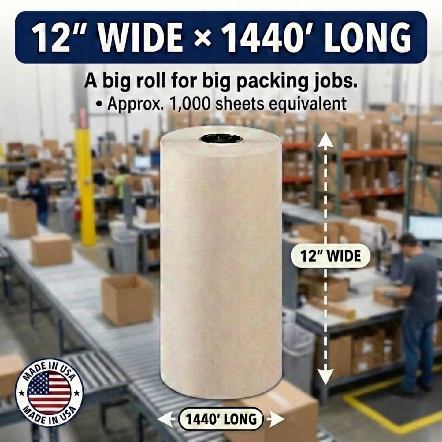 BOX USA Packing Paper Roll 1440'L x 12"W - 1,000 Sheets 17” Long Equivalent - Large White Newsprint for Shipping, Packaging, Storage and Moving Supplies