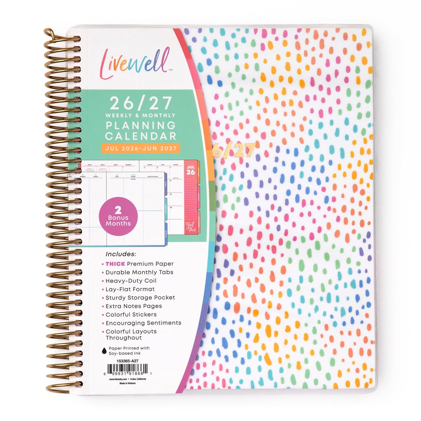 Blue Sky Livewell 2026-2027 Weekly and Monthly Academic Year Planner Calendar, July 2026 - June 2027, 7" x 9", Flexible Cover, Wirebound, Colorful Interior, Laminated Tabs, Storage Pocket, Includes Stickers, Rainbow