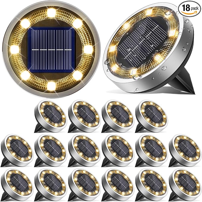 Solar Ground Lights, 18 Pack Flat Solar Light Outdoor Waterproof, Bright LED Solar Disc Lights, 3000K Warm White Landscape Lighting for Outside Yard Garden Pathway Driveway Lawn