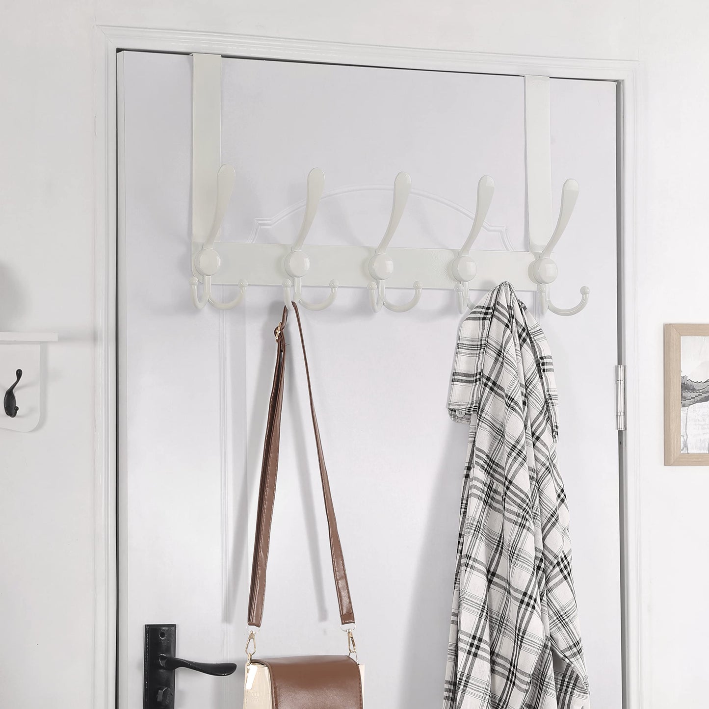 Dseap Over The Door Hook Hanger - Fits 1 3/8" to 1 3/4" Standard Doors | 5 Tri Hooks Heavy Duty Towel/Coat Rack | Door Organizer for Clothes, Jackets, Hats, Towels, White