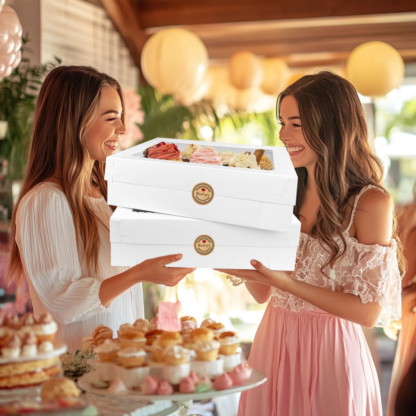 MUMULULU 4 PCS 19x14x4 Inch Cake Boxes with Cake Board White Sheet Rectangular Bakery Boxes with Window for Donuts Cookies Dessert Cupcakes Pastry Baking Pie Packaging