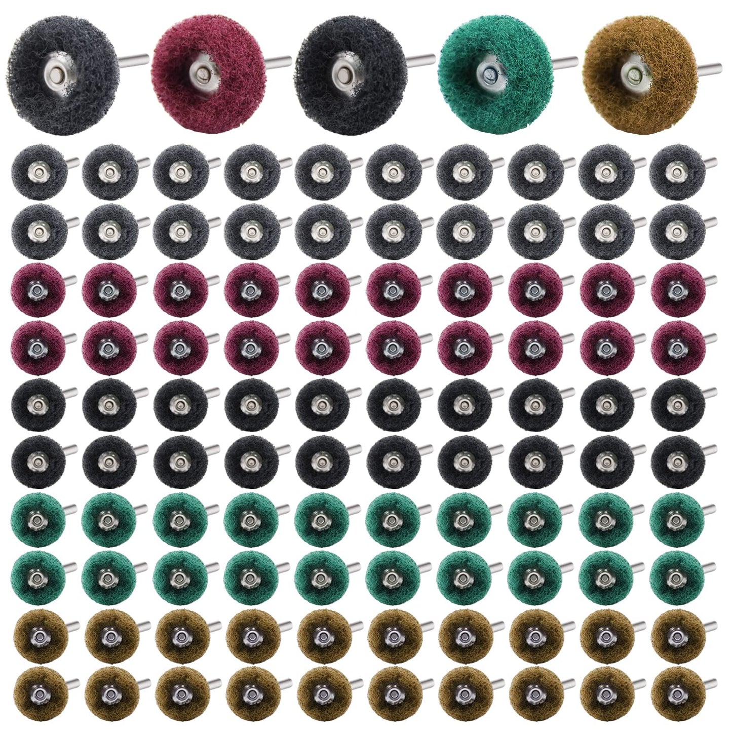 100pcs Abrasive Wheel, 1" Buffing Polishing Wheels, Metal Polishing Compound for Rotary Tools-1/8(3mm) Shank, 120 Grit, 180 Grit, 320 Grit, 400 Grit, 600 Grit