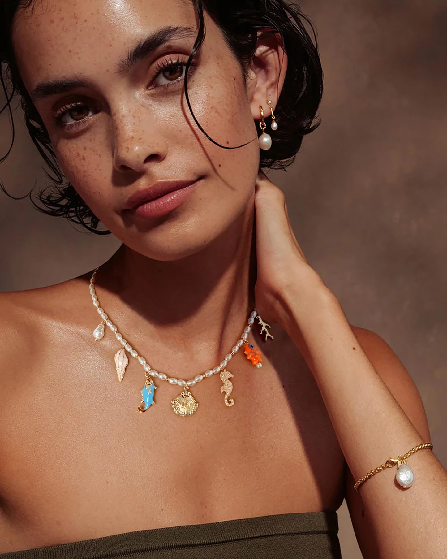 CLASSYZINT Adjustable Simulated Pearl Necklace with 7 Ocean Charms Sea-Themed Jewelry Valentine's Day Jewelry Everyday & Party Necklace