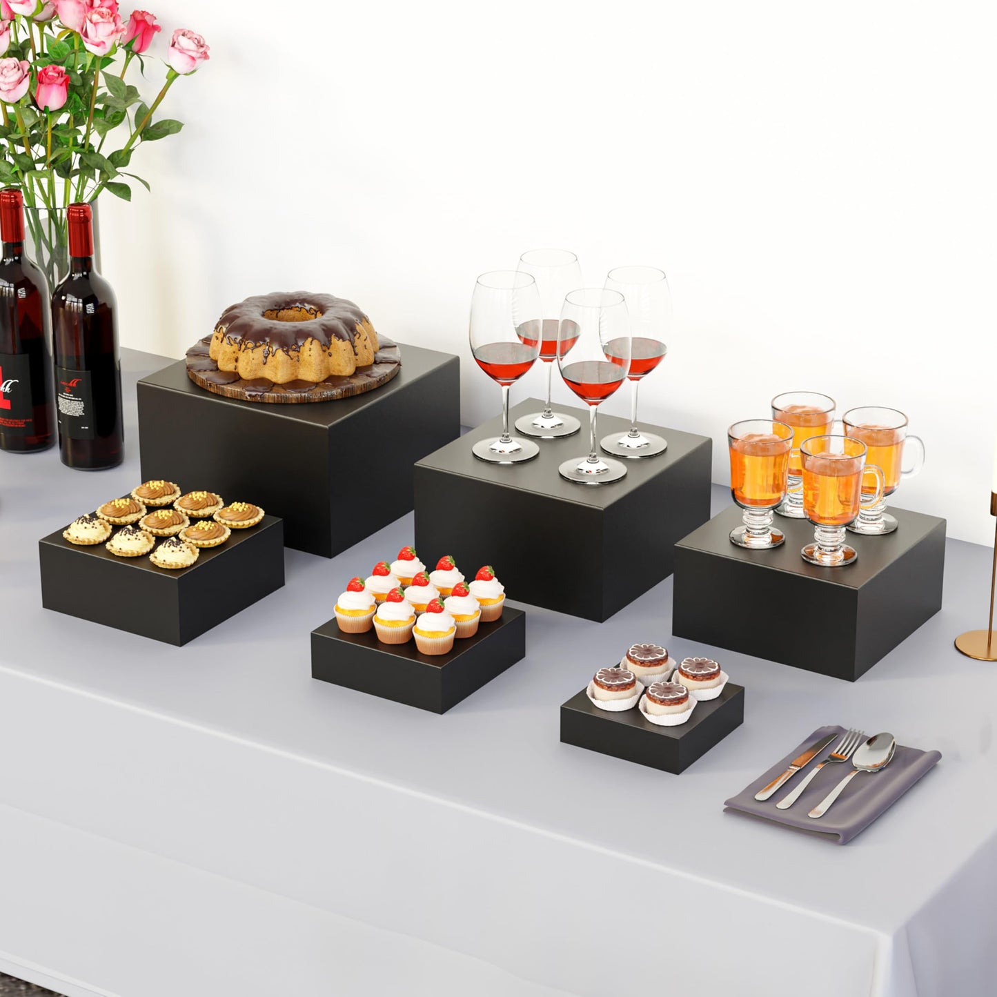 ihomecooker Metal Buffet Risers,6PCS Food Risers for Buffet Table 5in to 10in Display Stand for Catering Dessert Matte black Cube Boxes Nesting Risers with Hollow Bottoms