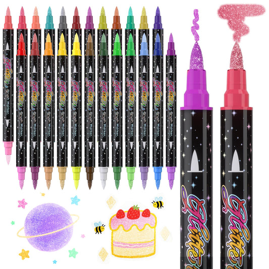 LIULIUCAI 48 Colors Dual Tip Glitter Brush Markers, 24 Pcs Dual-Colors Metallic Glitter Pens, Brush Tip Sparkle Markers Paint Pens for Adults Coloring, Doodle, Writing, Card Making, Art Crafts Gifts