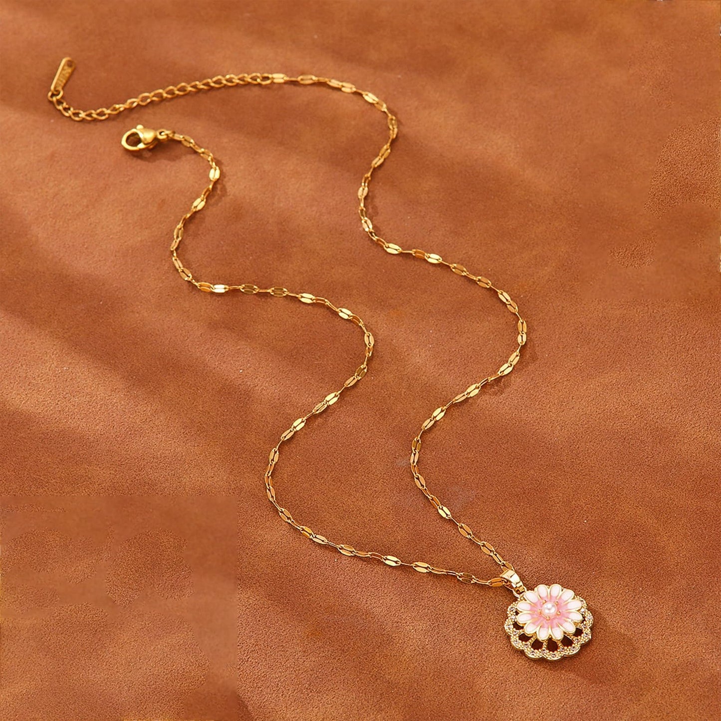 KONPJE Sunflower Fidget Necklace for Women Gold Moon Necklace Rotating Heart Necklaces Spinning Crystal Sunflower Anxiety Necklaces Crescent Moons Jewelry Accessories (Pink and White)