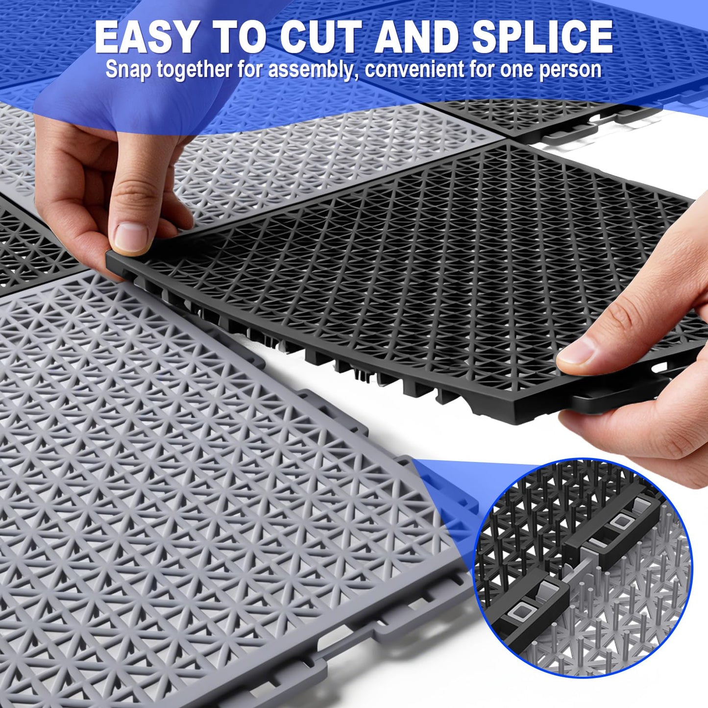 16 PCS Modular Interlocking Cushion Interlocking Floor Tiles with Hole Drainage Mat 10" x 10" Non Slip Pool Deck Mat Outdoor for Drain Deck Pool Patio Shower Kitchen Balcony (Black&Grey)