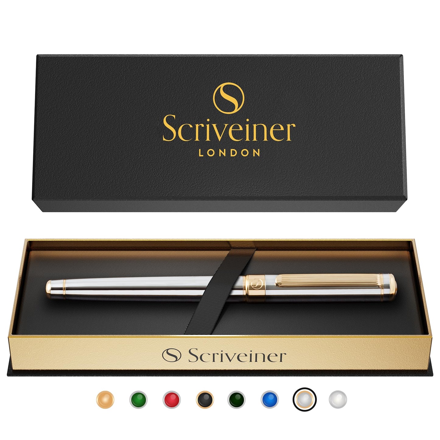 Scriveiner Silver Chrome Rollerball Pen - Stunning Luxury Pen, Real Gold Plating, Schmidt Ink Refill, Best Roller Ball Pen Gift Set for Men & Women, Professional, Executive Office, Fancy Pens