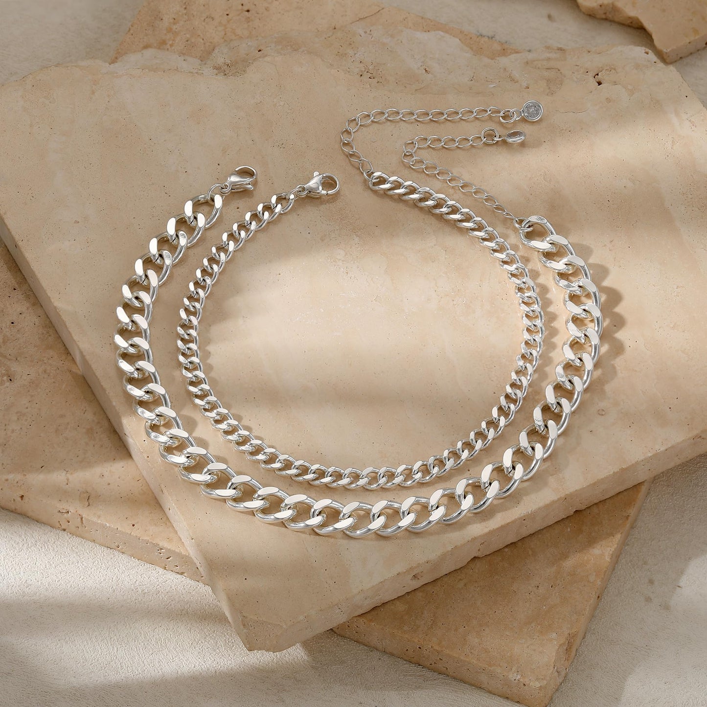 Tewiky Waterproof Ankle Bracelets for Women,Chunky Layered Silver Anklet for Women Non Tarnish Adjustable Cuban Set Stackable Summer Beach Jewelry Gift