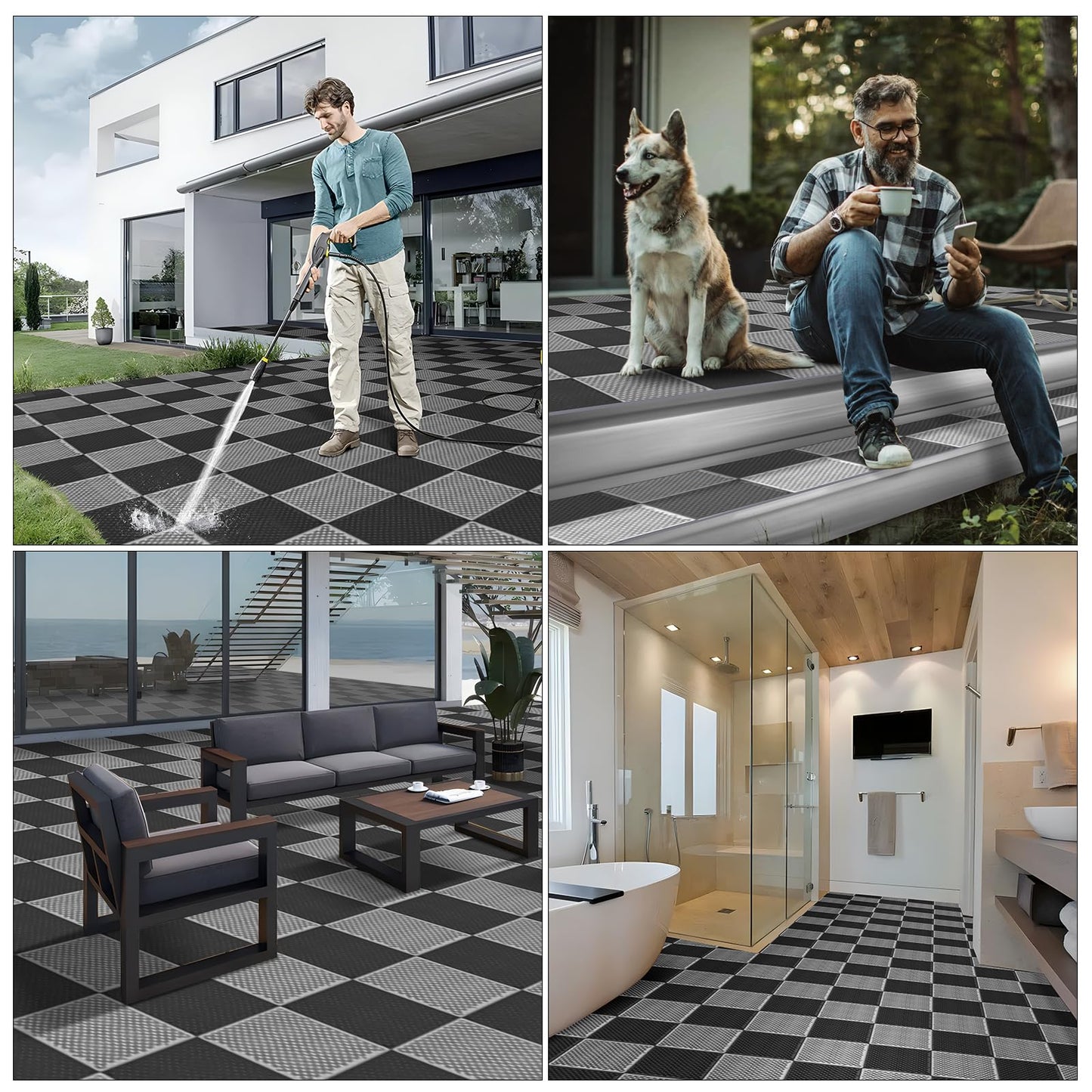 16 PCS Modular Interlocking Cushion Interlocking Floor Tiles with Hole Drainage Mat 10" x 10" Non Slip Pool Deck Mat Outdoor for Drain Deck Pool Patio Shower Kitchen Balcony (Black&Grey)