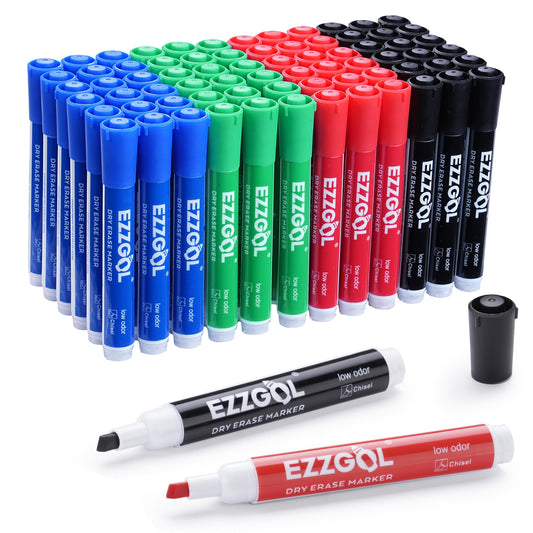 Ezzgol Dry Erase Markers Bulk, 72 Pack Basic Multi-color Red Blue Black Green Low Odor Whiteboard Markers, Chisel Tip Dry Erase Markers for Writing on Dry Erase Whiteboard for School, Office, Home