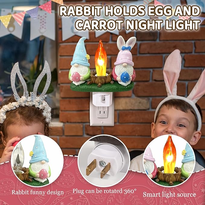 Gnome Campfire Flickering Nightlight, Easter Night Light Plug Into Wall with Switch, Gnomes LED Lamp for Spring Hallway Stair Bedroom Easter Decoration