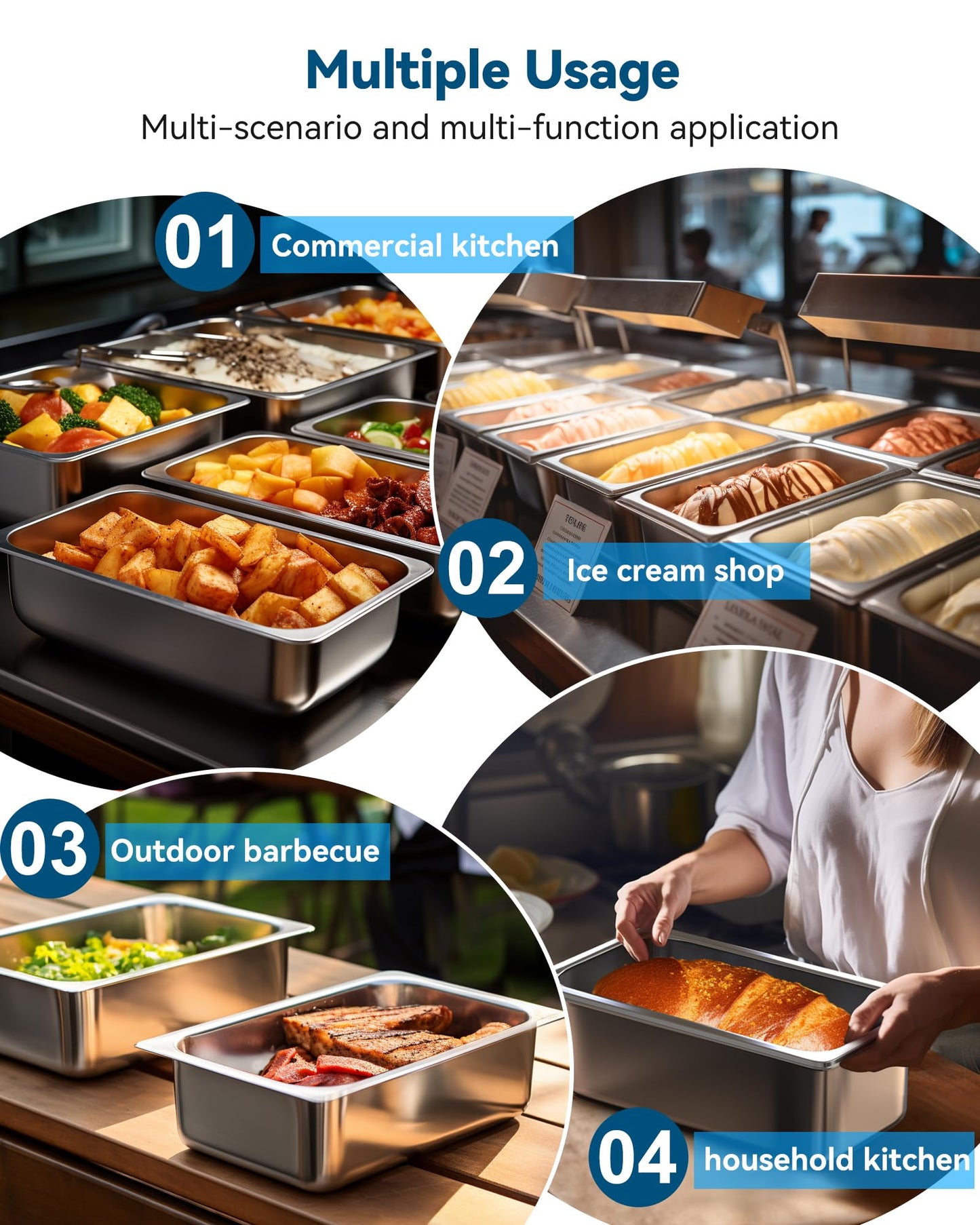 ZeroPone 6 Pack Hotel Pans, 1/3 Size 4" Deep Steam Table Pan, 22 Gauge Anti Jam Stainless Steel Steam Pan, Commercial Food Storage Containers for Catering Supplies
