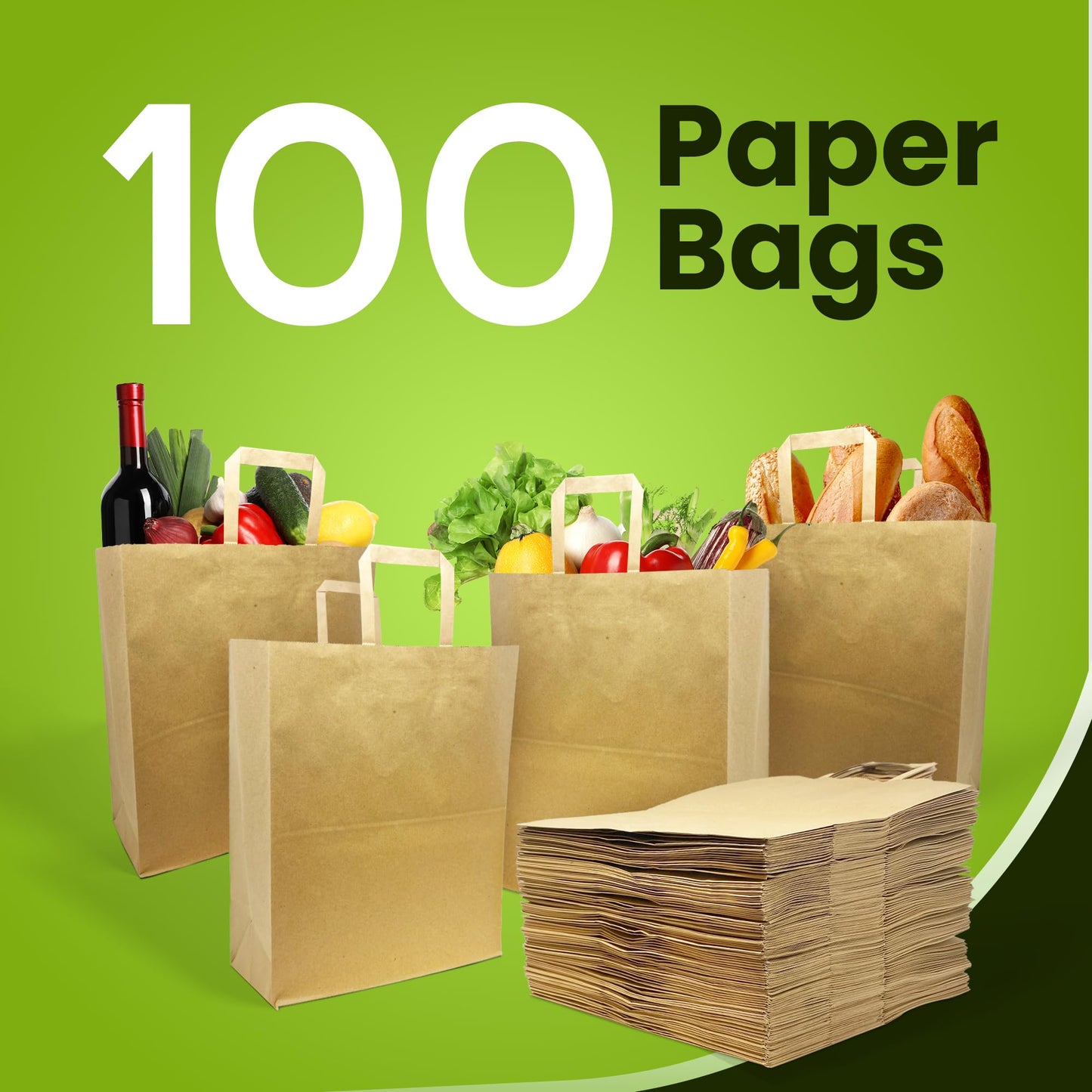 Reli. Paper Grocery Bags w/Handles (100 Pcs, Bulk)(12"x7"x14") Large Paper Grocery Bags with Handles - Heavy Duty 57 Lbs Basis - Shopping, Takeout/To Go, Retail (Brown/Kraft)