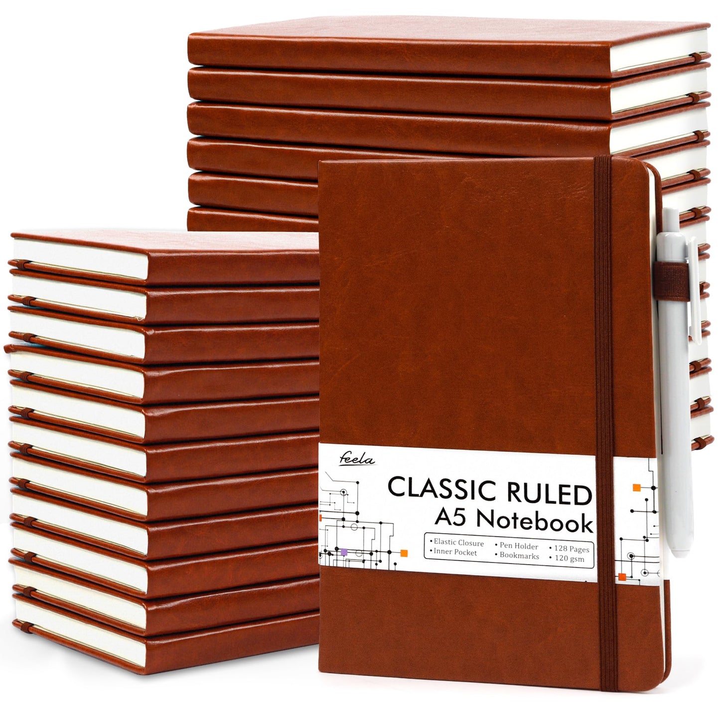 feela 24 Pack Journal Notebook for Work, Business Notebook Bulk Hardcover Lined Writing Journal with Pen Holder for Men Women Note Taking, with 24 Black Pens, 120 GSM, 5.1”x8.3”, A5, Brown