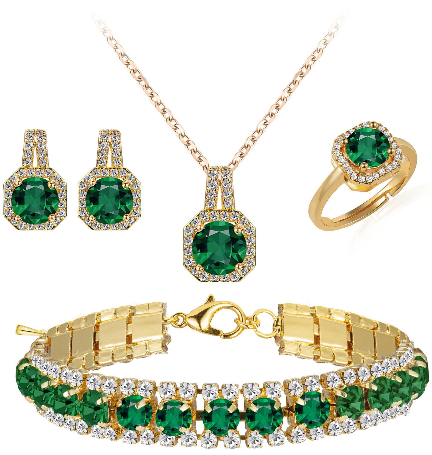 Paxuan Platinum/Gold Plated Cubic Zirconia Diamond Wedding Jewelry Sets Bridal CZ Pendant Necklace Stud Earrings Link Bracelets Rings Set for Women