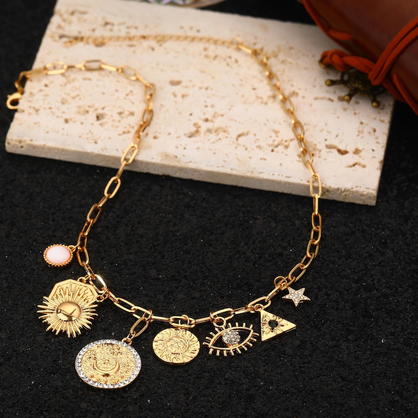 BONJOULRY Charm Necklace for Women Gold Sun Moon Evil Eye Coin Pendent Necklace Celestial Dainty Paperclip Chain Charms Necklaces Choker Necklaces Jewelry Coins