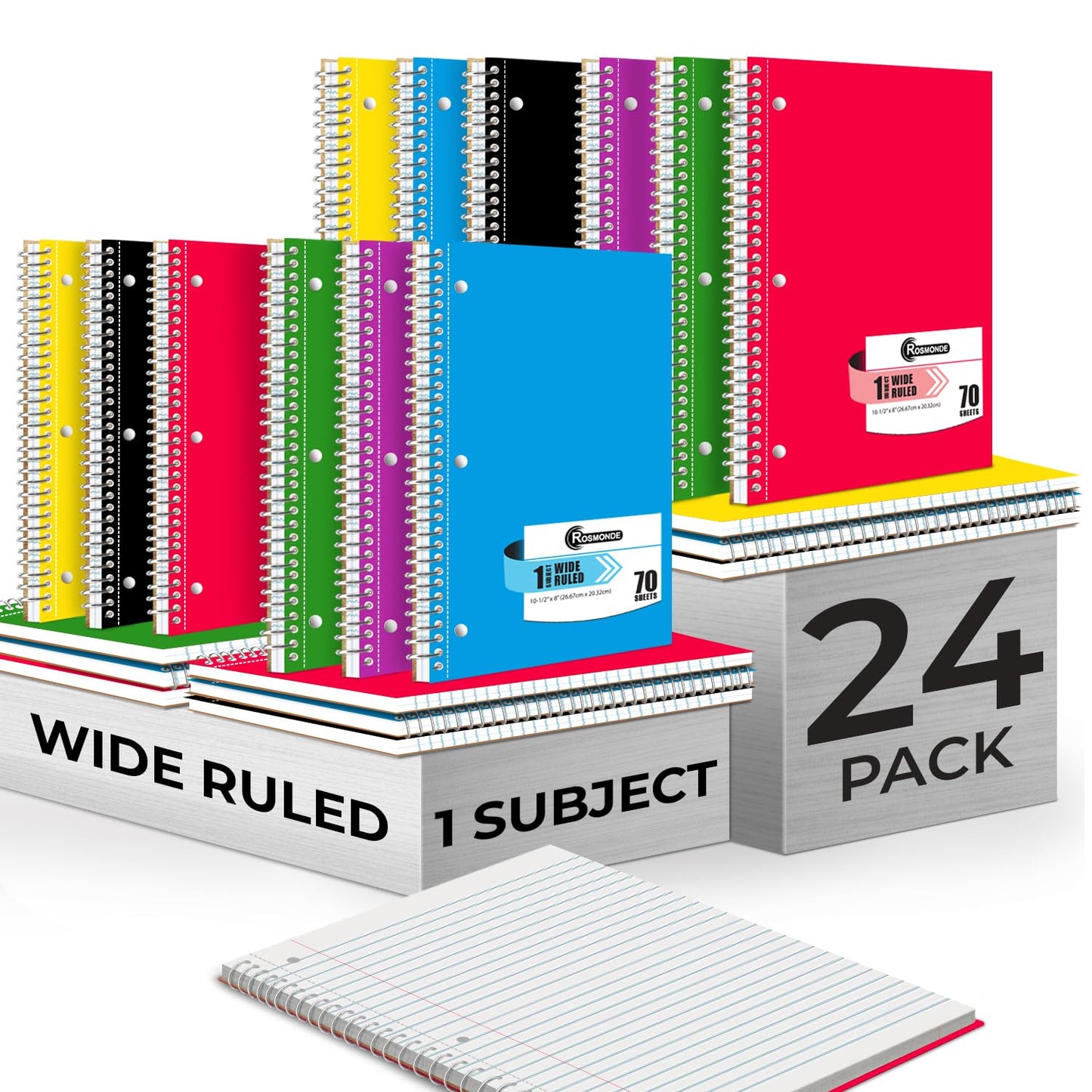Rosmonde Spiral Notebooks, 24 Pack, 1 Subject Notebook, Wide Ruled, 70 Sheets, 8 x 10-1/2", 3 Hole Punched, School Supplies, Bulk Single Subject Spiral Notebook Bulk, Assorted Colors Pack of Notebooks