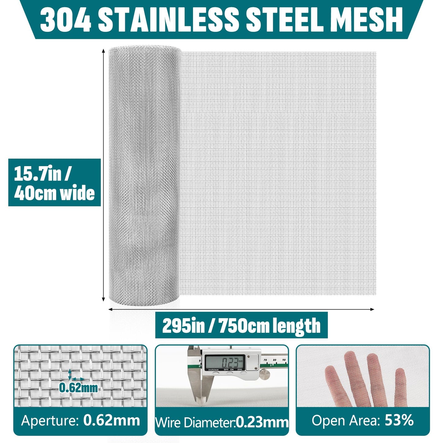 30 Mesh 304 Stainless Steel Mesh Screen, 15.7'' x 295''(40cm x 750cm) Wire Screen Mesh, Rust Free Woven Wire Mesh, Metal Mesh Screen for Air Vents, Garden Covers, Filters, Window Screen