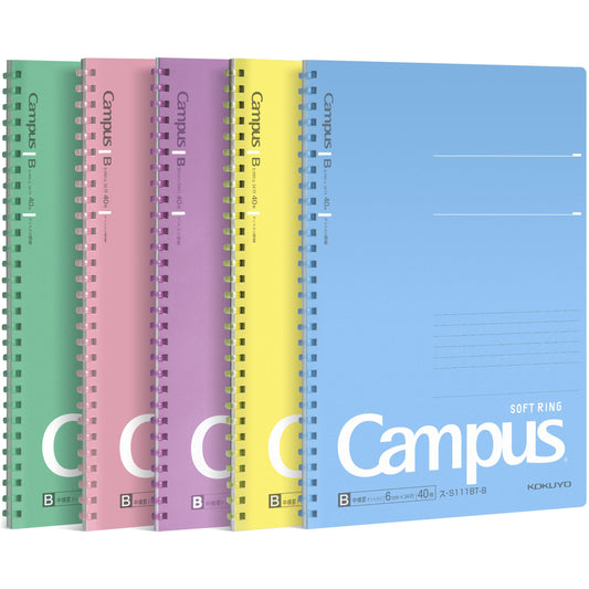 KOKUYO Spiral Lined Notebook, 5 Pack 10'' x 7'' Pastel Journal B5 Campus Soft Ring Notebooks with Dot 7 mm Ruled, 40 Sheets, 1 Subject Notebook, Note Taking for School. Japan Import (SU-S111AT)