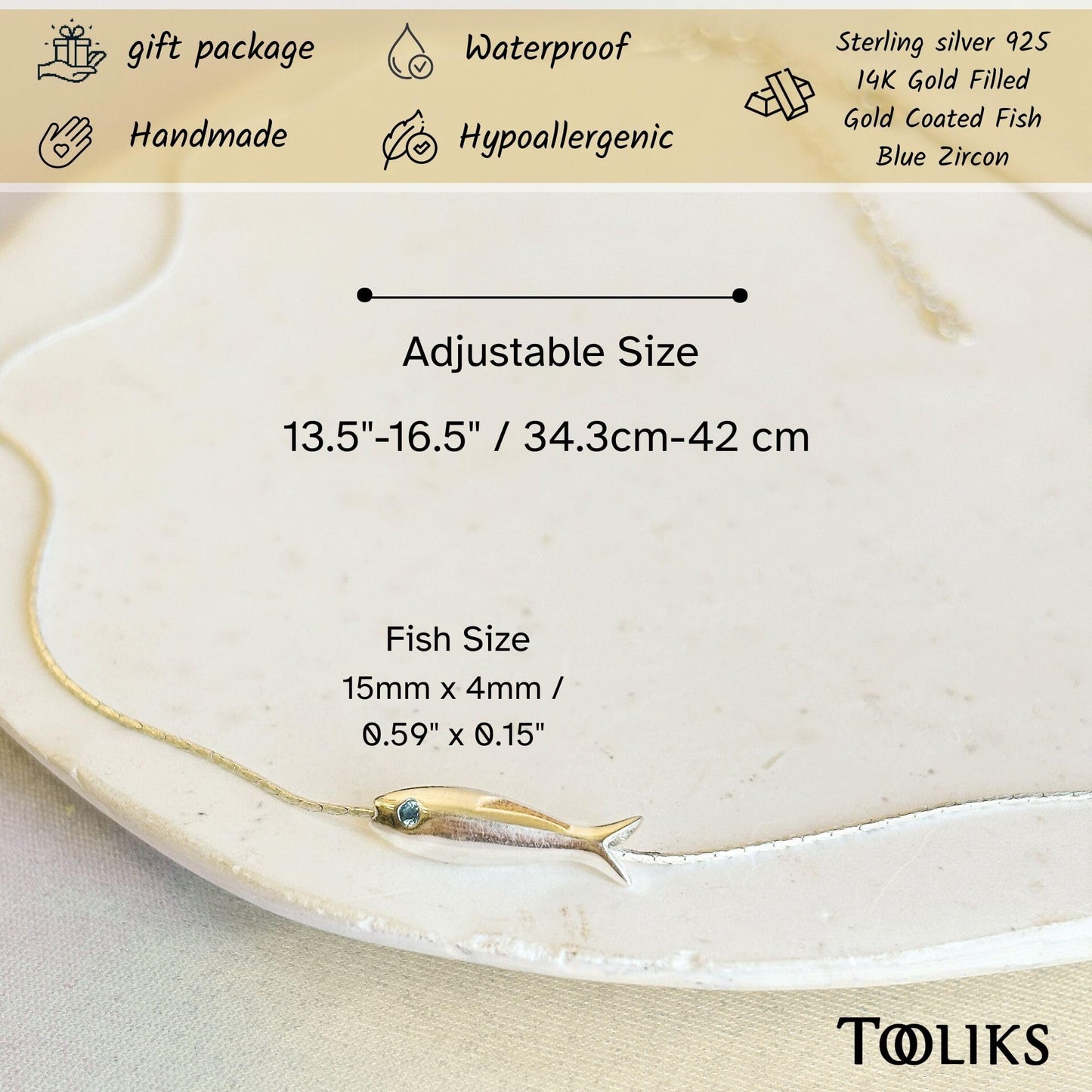 Tooliks Dainty Fish Necklace for Women, Sterling Silver or Gold Fish Charm, Minimal Lucky Necklace (Sterling Silver)